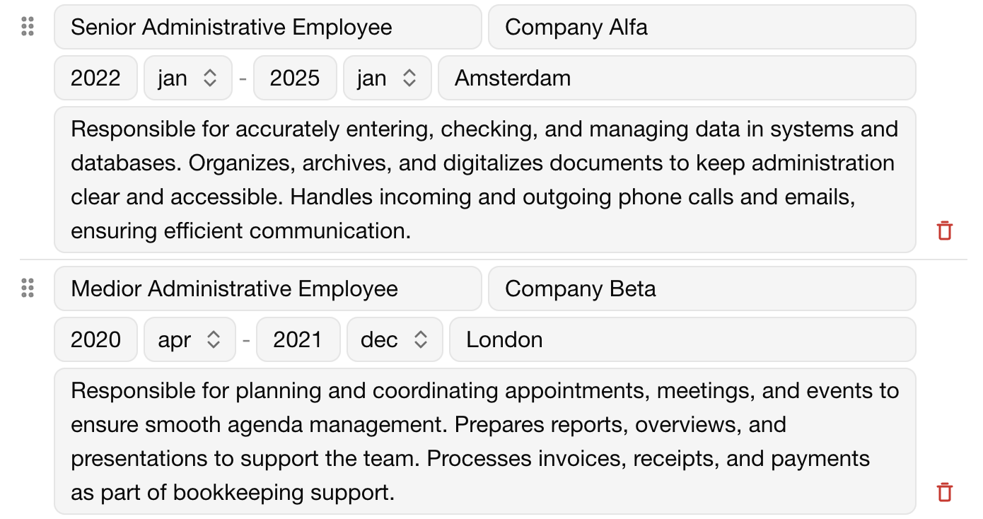 Manual adjust CVs CV formatting